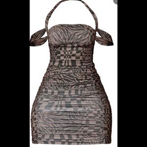 Shape Black Checkerboard Print Slinky Extreme Ruched Strap Detail Bodycon Dress